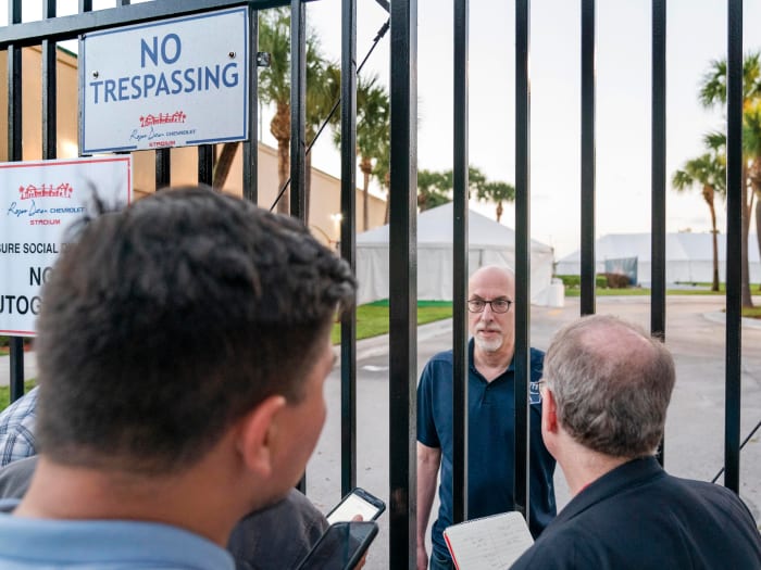 Feb 23, 2022; Jupiter, FL, USA; Major League Baseball Players Association chief negotiator Bruce Meyer talks to reporters about contract negotiations at Roger Dean Stadium in Jupiter, Florida.